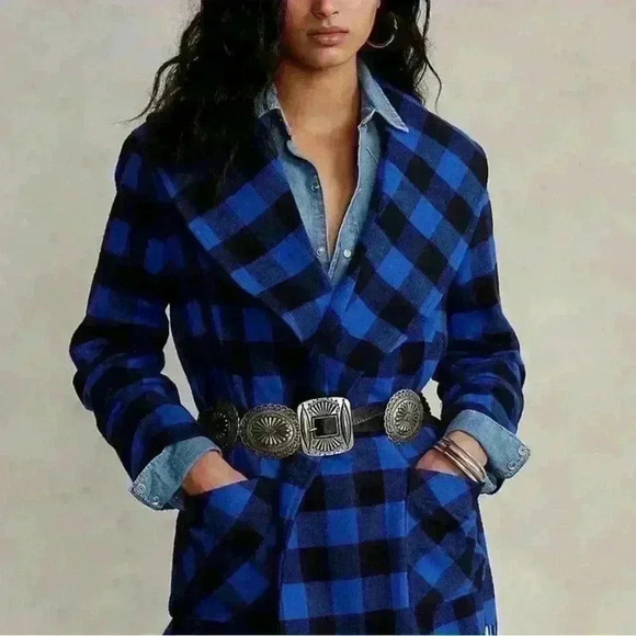 NWT POLO RALPH LAUREN navy blue plaid fringe-edge belted jacket Sz S! - Picture 2 of 9